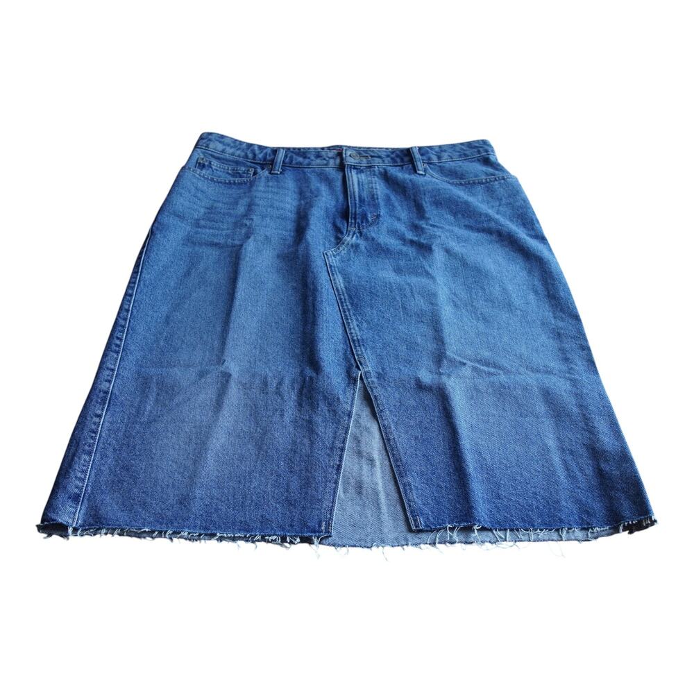 Lucky Brand Denim Midi Skirt Sz 16 Front Slit Raw Hem Like New - Picture 2 of 11